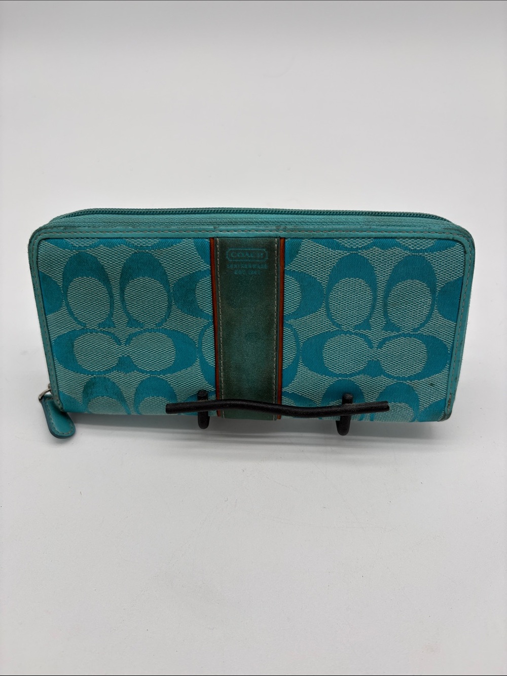 Coach Signature Blue Canvas Suede Zip Around Wallet BLEMISH